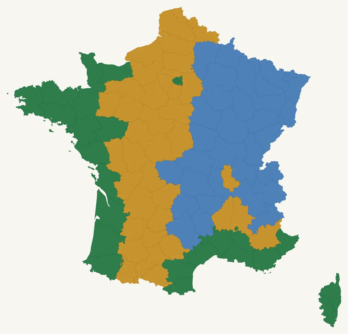 Carte de France des zones de culture pour Palmier du Mexique, Palmier de Washington : 27 départements en pleine terre, 37 départements avec une protection hivernale et 32 départements en pot (rustique jusqu’à −7 °C).