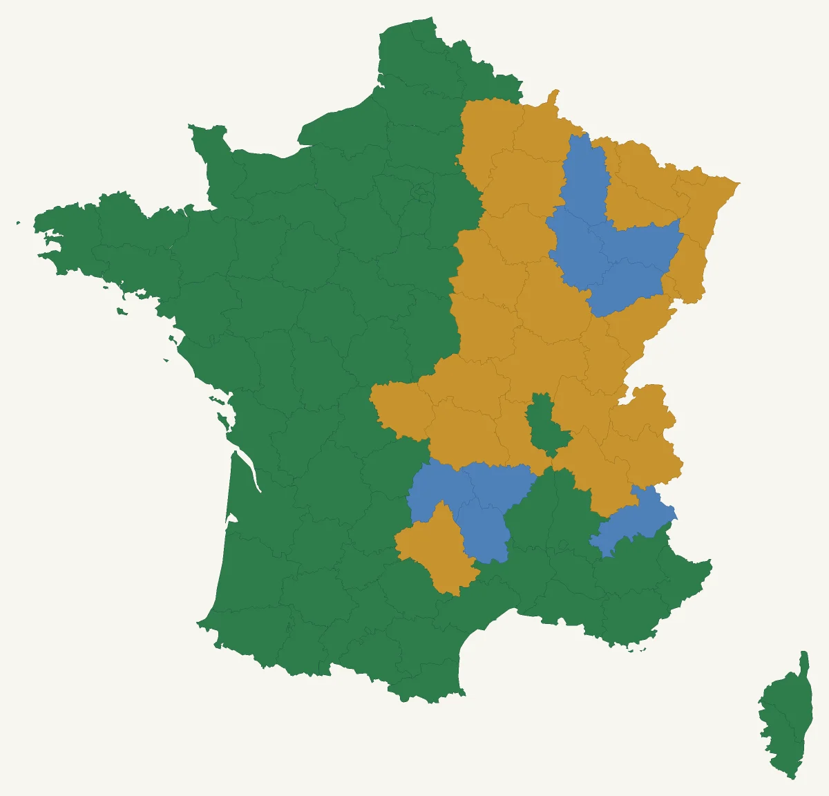 Carte de France des zones de culture pour Arbre aux papillons 'Nanho blue bleu azur' : 64 départements en pleine terre, 24 départements avec une protection hivernale et 8 départements en pot (rustique jusqu’à −10 °C).