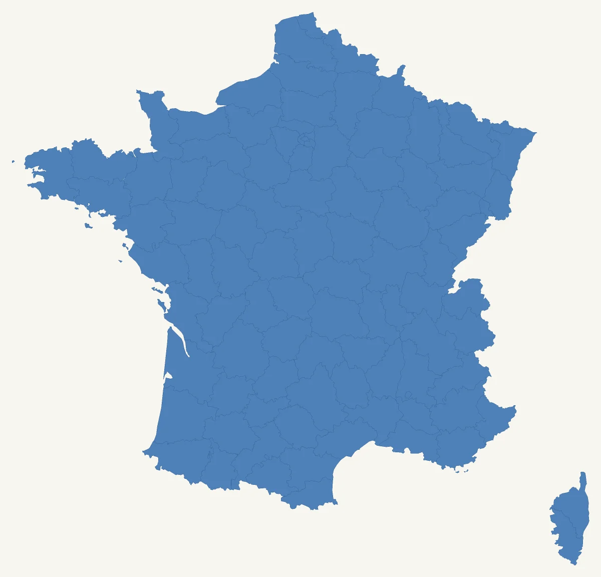 Carte de France des zones de culture pour Cordyline australienne violette à bordure rose : 96 départements en pot (rustique jusqu’à 5 °C).
